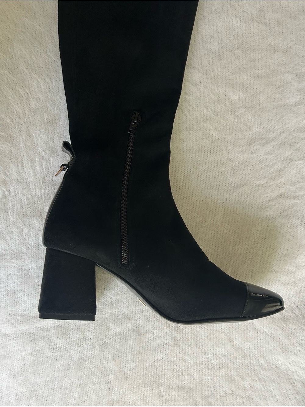 NWT J.B. MARTIN Women's Suede Block Heel Boots, Patent Leather Toe Black Size 38